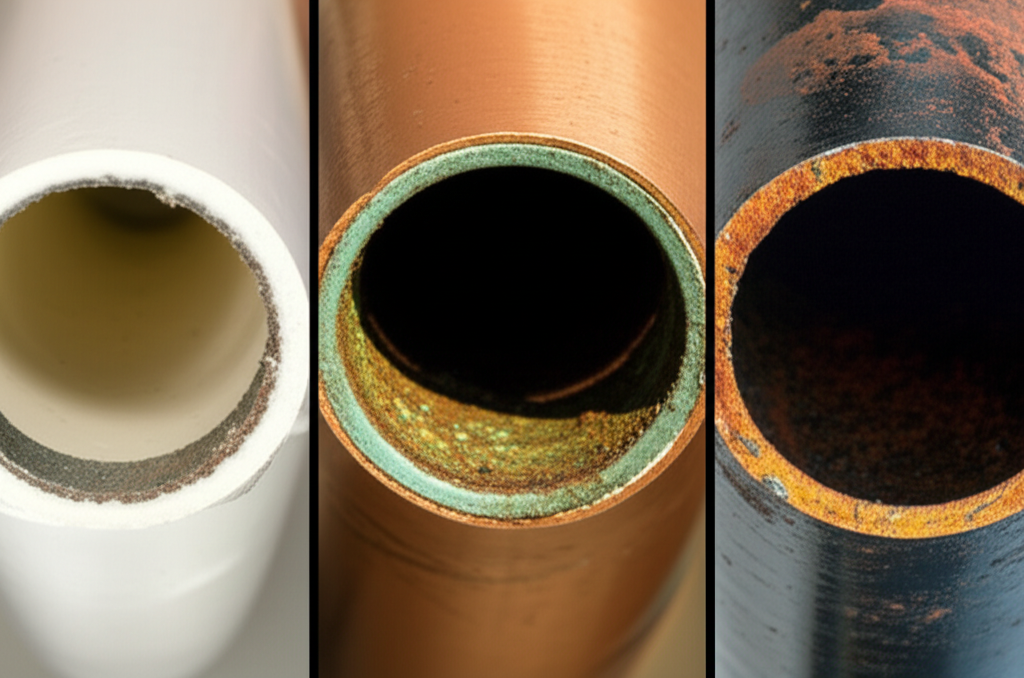 Comparativo visual entre tubulações de diferentes materiais, mostrando a durabilidade e resistência.