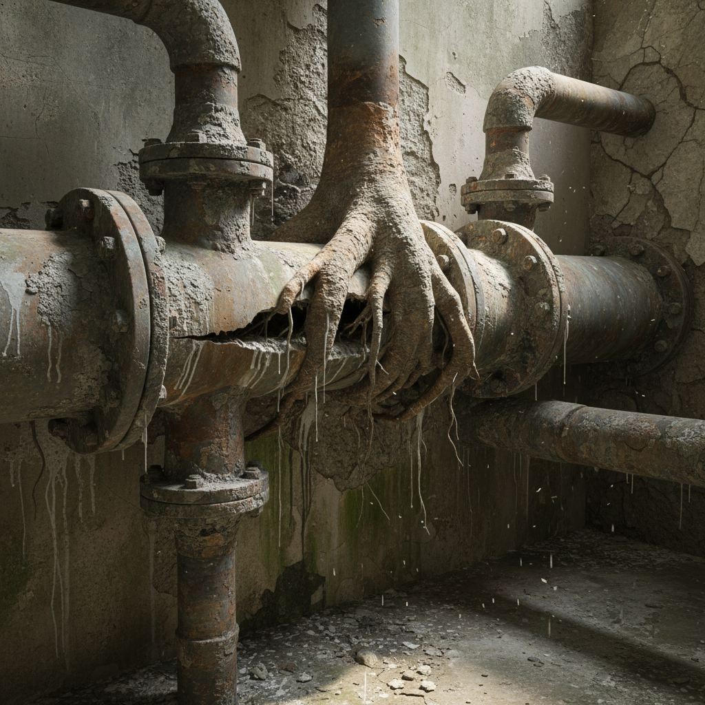 Ilustração técnica de diferentes tipos de tubulações antigas (ferro fundido, chumbo, barro) mostrando exemplos de corrosão interna, sedimentação e pontos de falha, com setas indicando fluxo restrito.