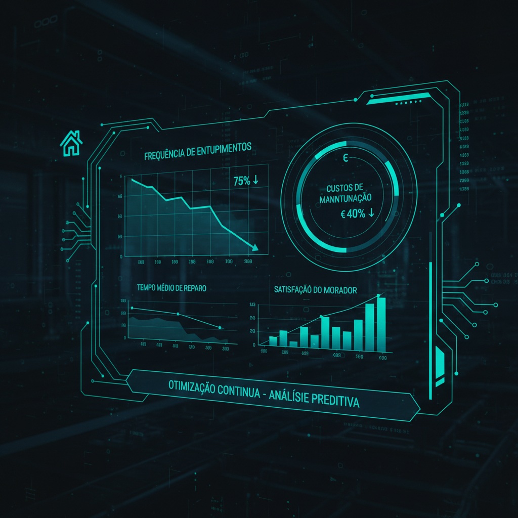 Um painel de controle ou dashboard com gráficos e indicadores de desempenho relacionados à manutenção de imóveis, mostrando a redução na frequência de entupimentos e nos custos, simbolizando a análise de dados para otimização contínua.