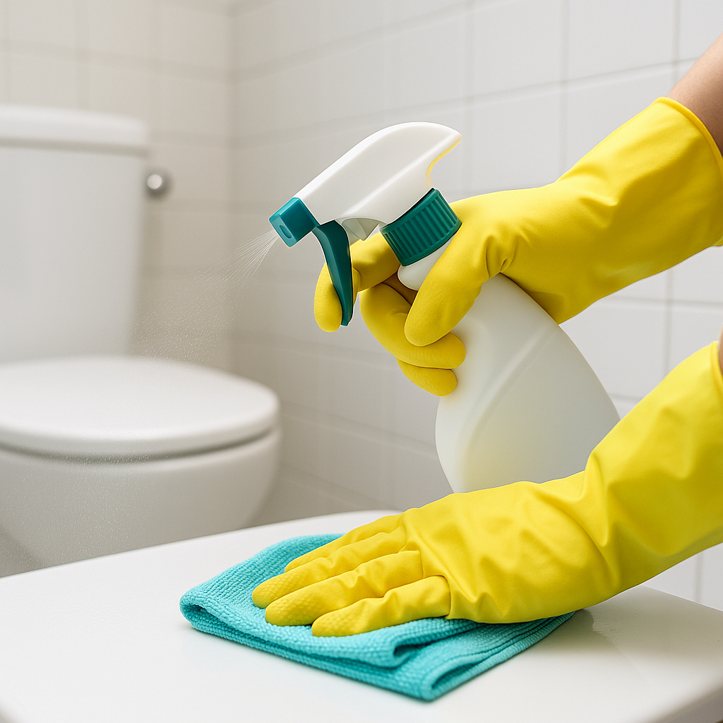 Uma pia de banheiro limpa e organizada, com uma pequena lixeira ao lado, simbolizando descarte correto e prevenção de entupimentos. Água corrente na torneira.