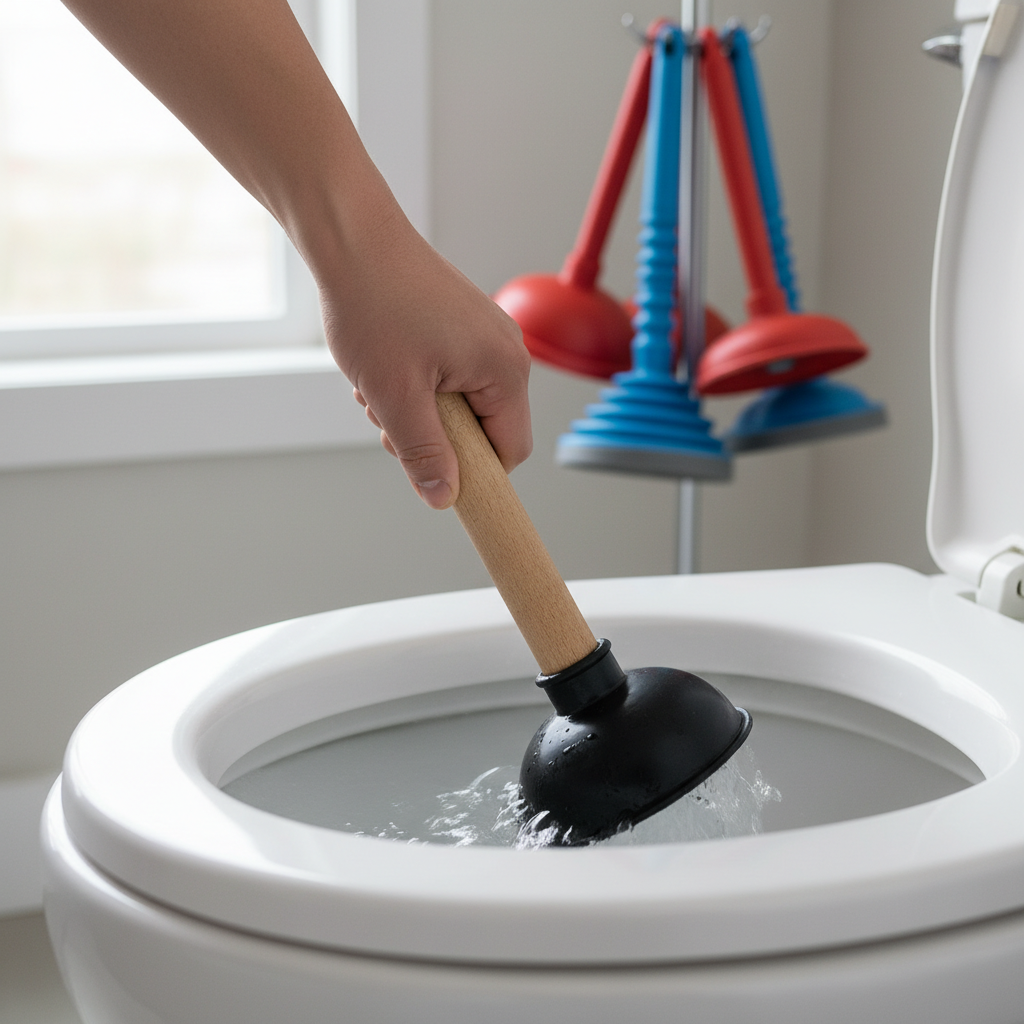 Mão de uma pessoa segurando e demonstrando o uso de um desentupidor de vaso sanitário tipo 