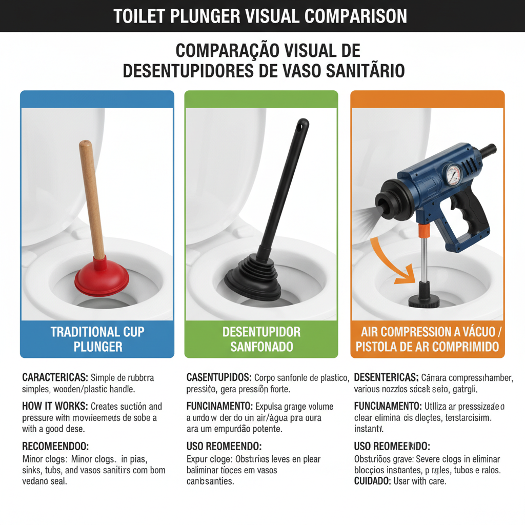 Uma comparação visual de três tipos de desentupidores de vaso sanitário: um de ventosa tradicional, um sanfonado e um a vácuo (pistola de ar comprimido). Cada um é apresentado com suas características técnicas e um breve texto explicativo sobre seu funcionamento e uso recomendado. A imagem é clara e instrutiva.