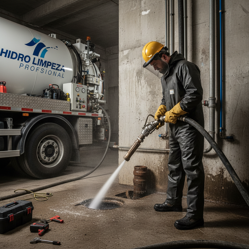Cena de um técnico de desentupimento profissional operando um equipamento de hidrojateamento, com uma mangueira de alta pressão sendo inserida em um tubo de esgoto no chão. Ao lado, um caminhão de hidrojateamento com o logotipo da empresa. O técnico usa EPIs. Estilo realista e técnico.