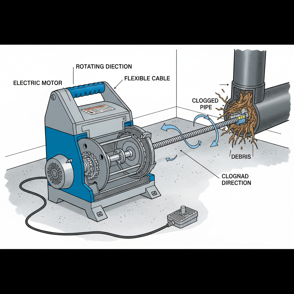 Ilustração técnica de um equipamento eletromecânico (Roto Rooter) em operação, com a mola espiral penetrando na obstrução de uma tubulação. Detalhes dos mecanismos de rotação e corte.