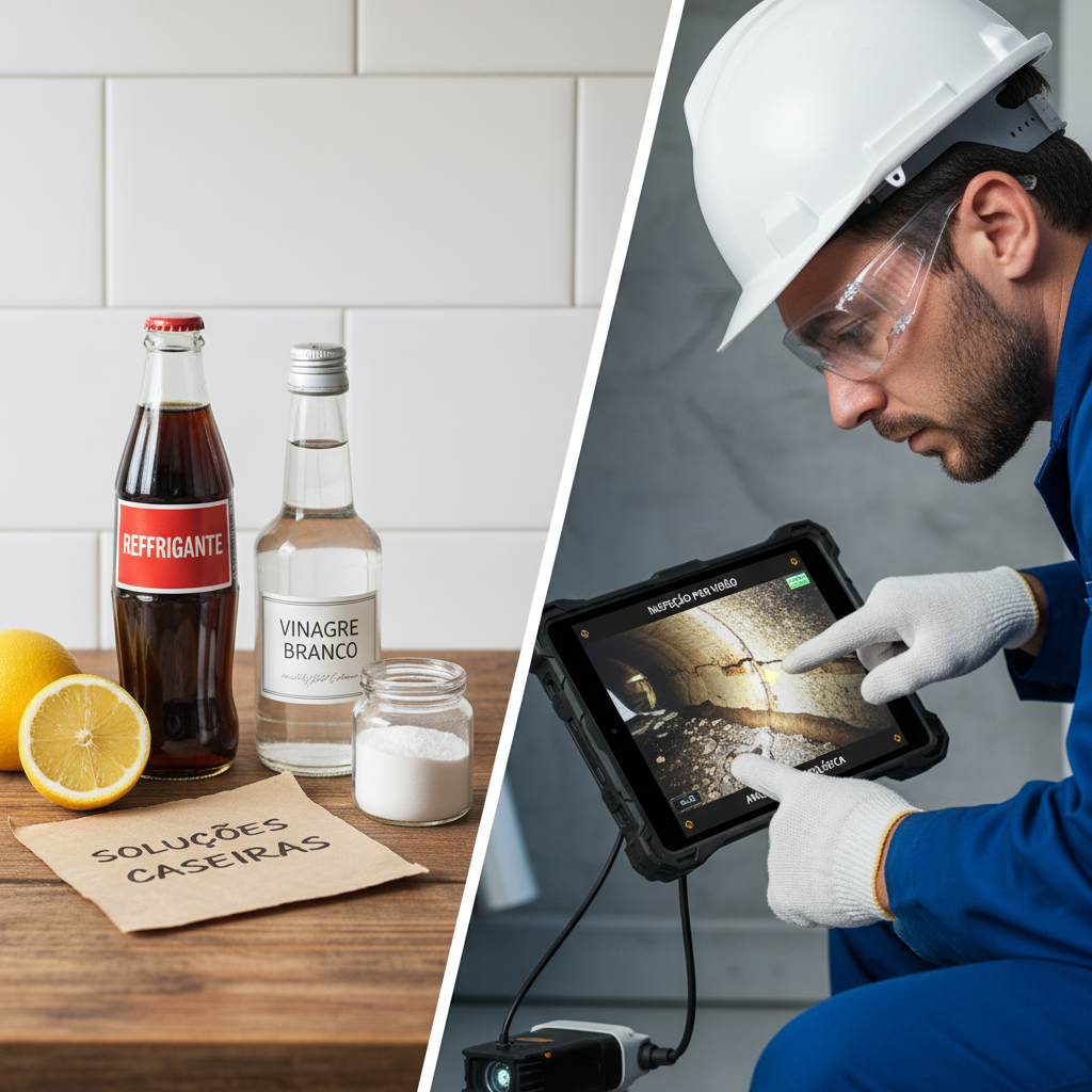 Montagem de duas cenas: uma, de um balcão de cozinha com uma garrafa de refrigerante e vinagre, simbolizando soluções caseiras; a outra, de um técnico com óculos de segurança e um tablet, analisando imagens de inspeção por vídeo de uma tubulação. O contraste deve ser evidente, entre a simplicidade e a tecnologia.