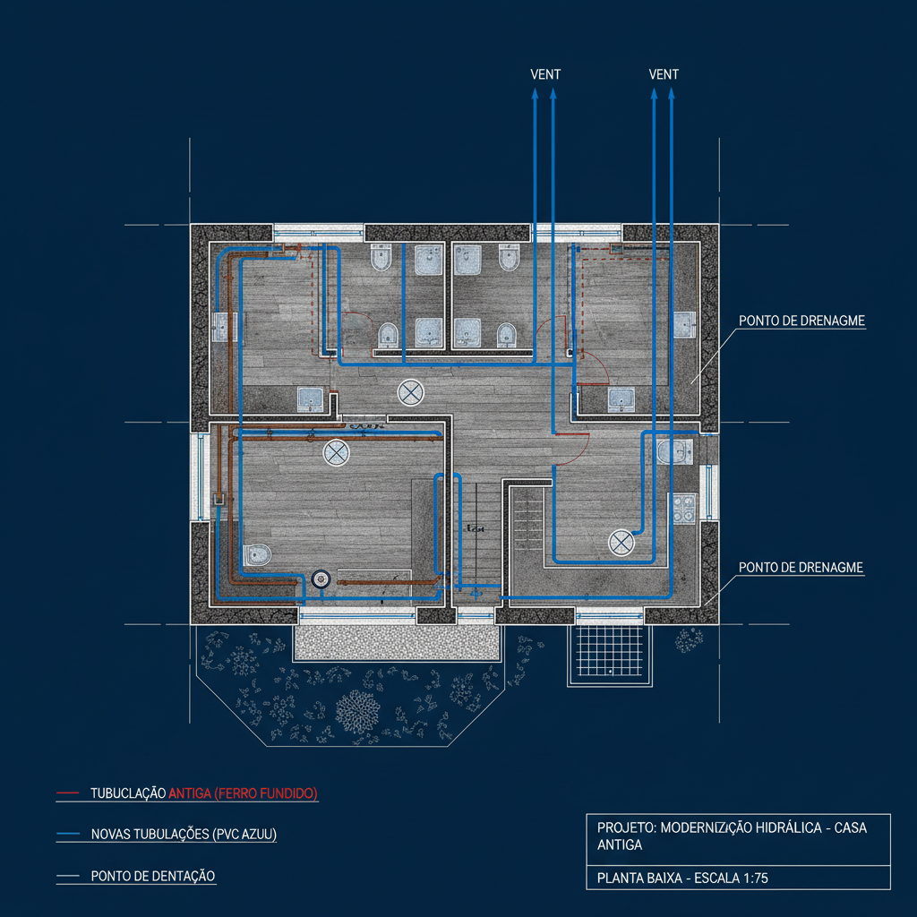 Planta baixa de um projeto de modernização de um sistema hidráulico de uma casa antiga, mostrando a substituição de tubulações antigas por novas de PVC, com indicações de pontos de drenagem e ventilação.