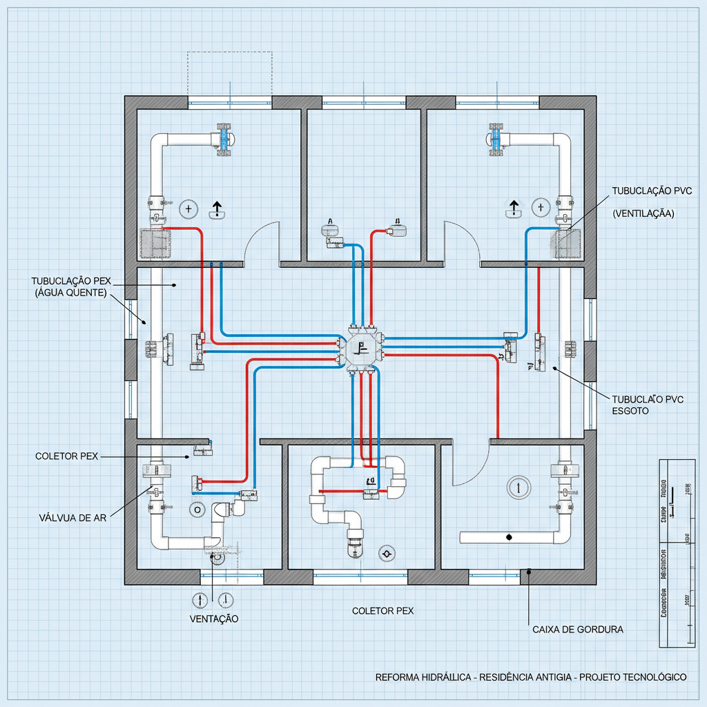 Planta baixa detalhada de uma reforma hidráulica em uma casa antiga, mostrando a substituição de tubulações antigas por novas de PVC e PEX, com diagramas de conexões e pontos de ventilação atualizados. O foco é no projeto e na tecnologia moderna.