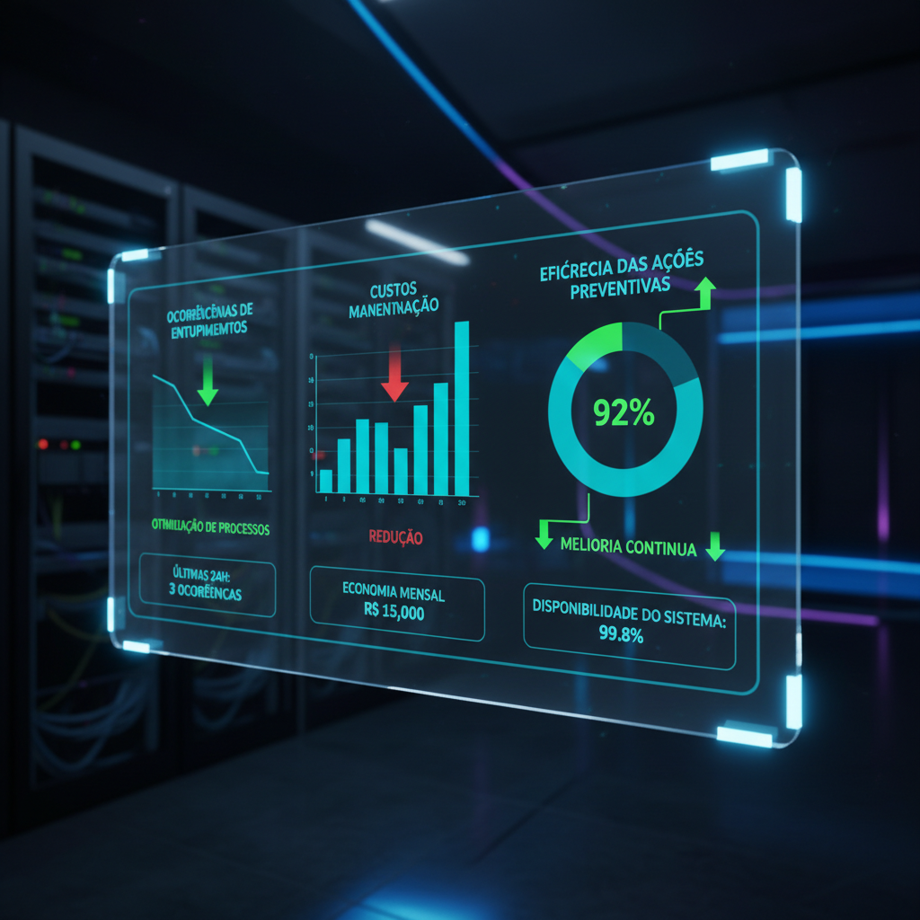 Um painel de controle digital exibindo gráficos e métricas sobre ocorrências de entupimentos, custos de manutenção e eficácia das ações preventivas. Setas indicam tendências e otimização de processos. Design futurista e dados claros.