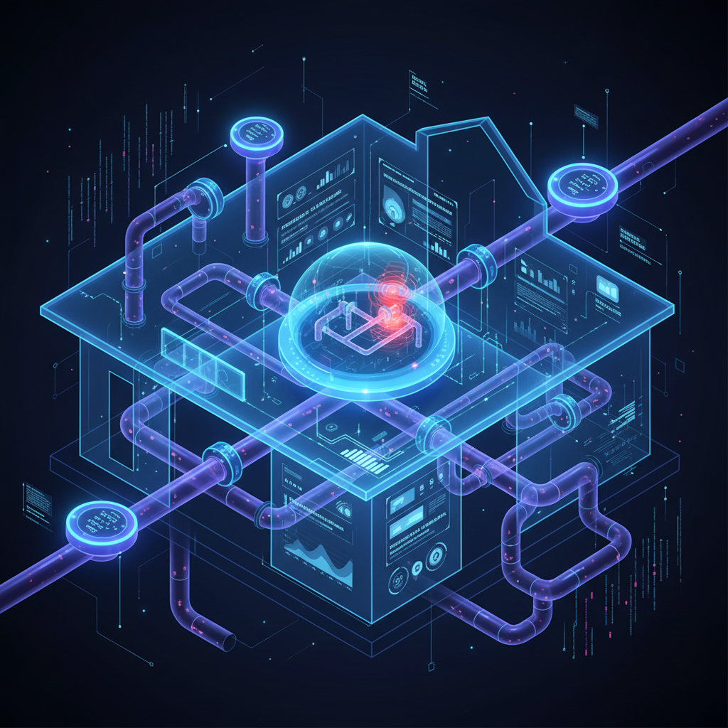 Ilustração de um sistema de sensores inteligentes conectados a uma central de monitoramento, detectando alterações de fluxo e pressão em tempo real nas tubulações de um imóvel. O design é futurista e ressalta a capacidade preditiva da tecnologia.
