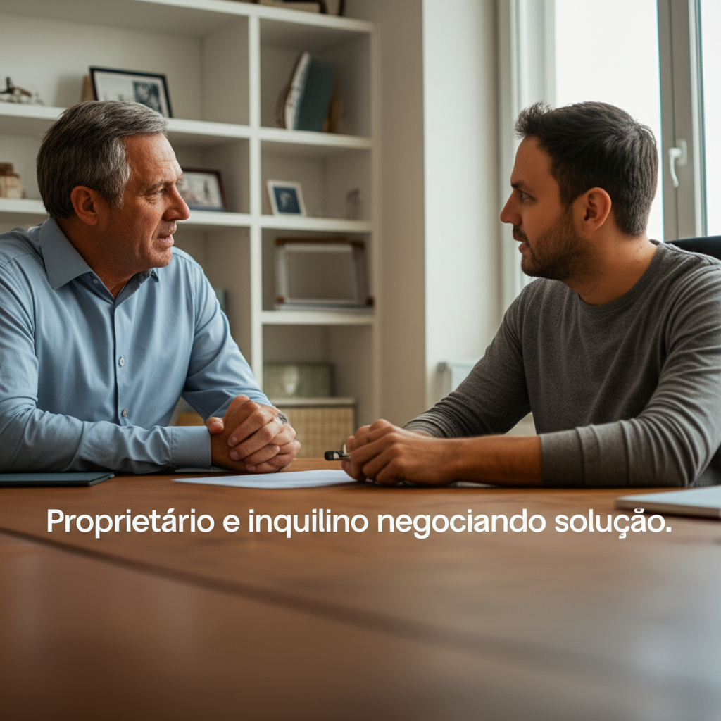 Proprietário e inquilino negociando solução.
