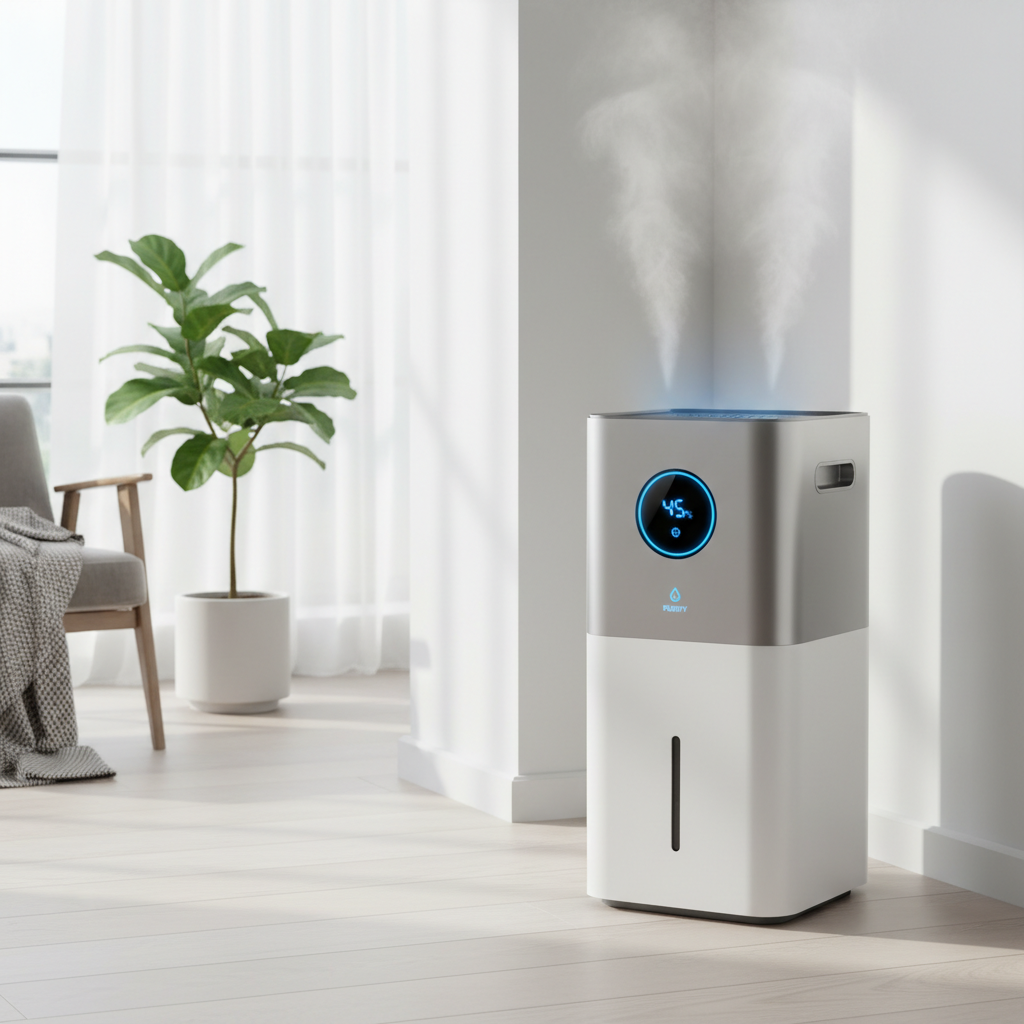 Um aparelho desumidificador de ar de design moderno operando silenciosamente em um canto de um ambiente interno bem iluminado, indicando eficácia na remoção de umidade e prevenção de mofo. A imagem deve ser limpa e minimalista.