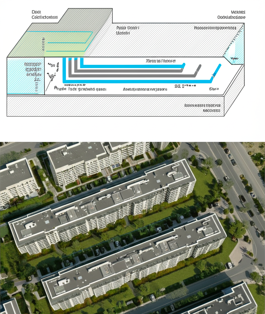 Vista aérea de um complexo de apartamentos com um diagrama de sistemas hidráulicos.