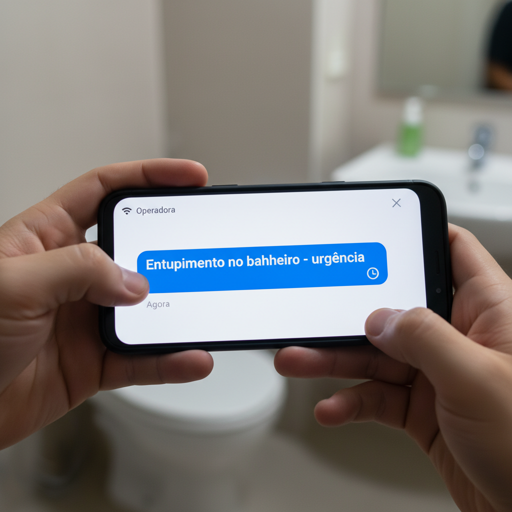 Mão segurando um smartphone com uma notificação de mensagem de texto visível, indicando