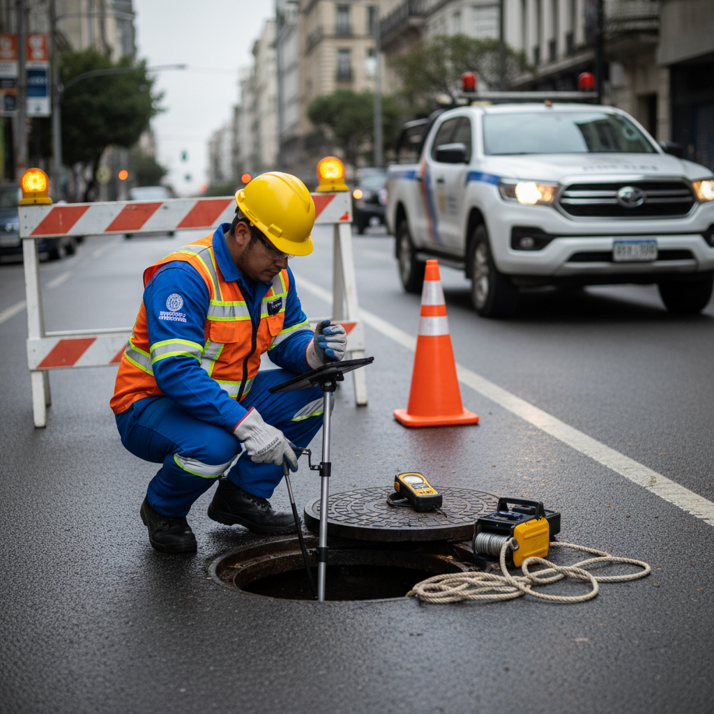 Representação de um funcionário público uniformizado inspecionando um bueiro com equipamento de segurança, indicando ação profissional.