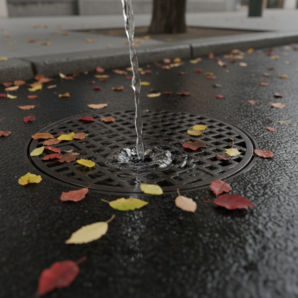 Imagem realista de um bueiro de rua, com grade de ferro visível, e água da chuva escoando sutilmente para dentro, rodeado por asfalto úmido e folhas de árvores.