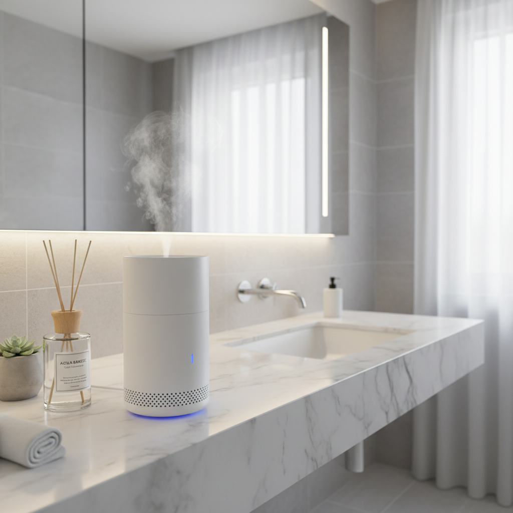 Um purificador de ar moderno ou difusor de aromas sendo utilizado em um ambiente de banheiro limpo e bem iluminado, com a indicação de uma fragrância suave e fresca para combater odores residuais. Minimalista e clean.