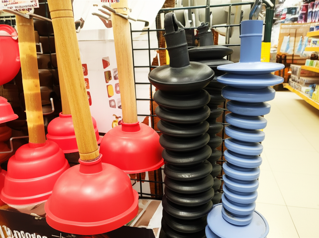 Mostruário de diferentes tipos de desentupidores de vaso sanitário (ventosa tradicional, sanfonado, com flange estendida) em uma loja de materiais de construção ou departamento. O ambiente deve ser bem iluminado e organizado, com foco na variedade e acessibilidade dos produtos.
