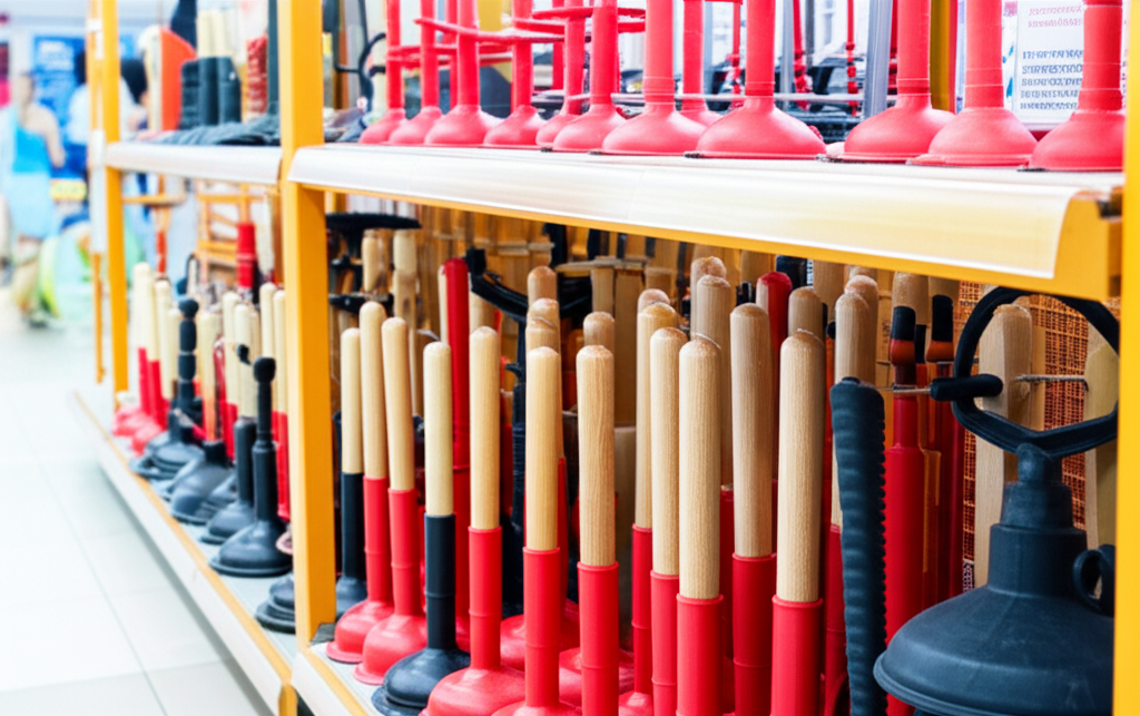 Prateleira de loja de materiais de construção exibindo diversos modelos de desentupidores de vaso sanitário.
