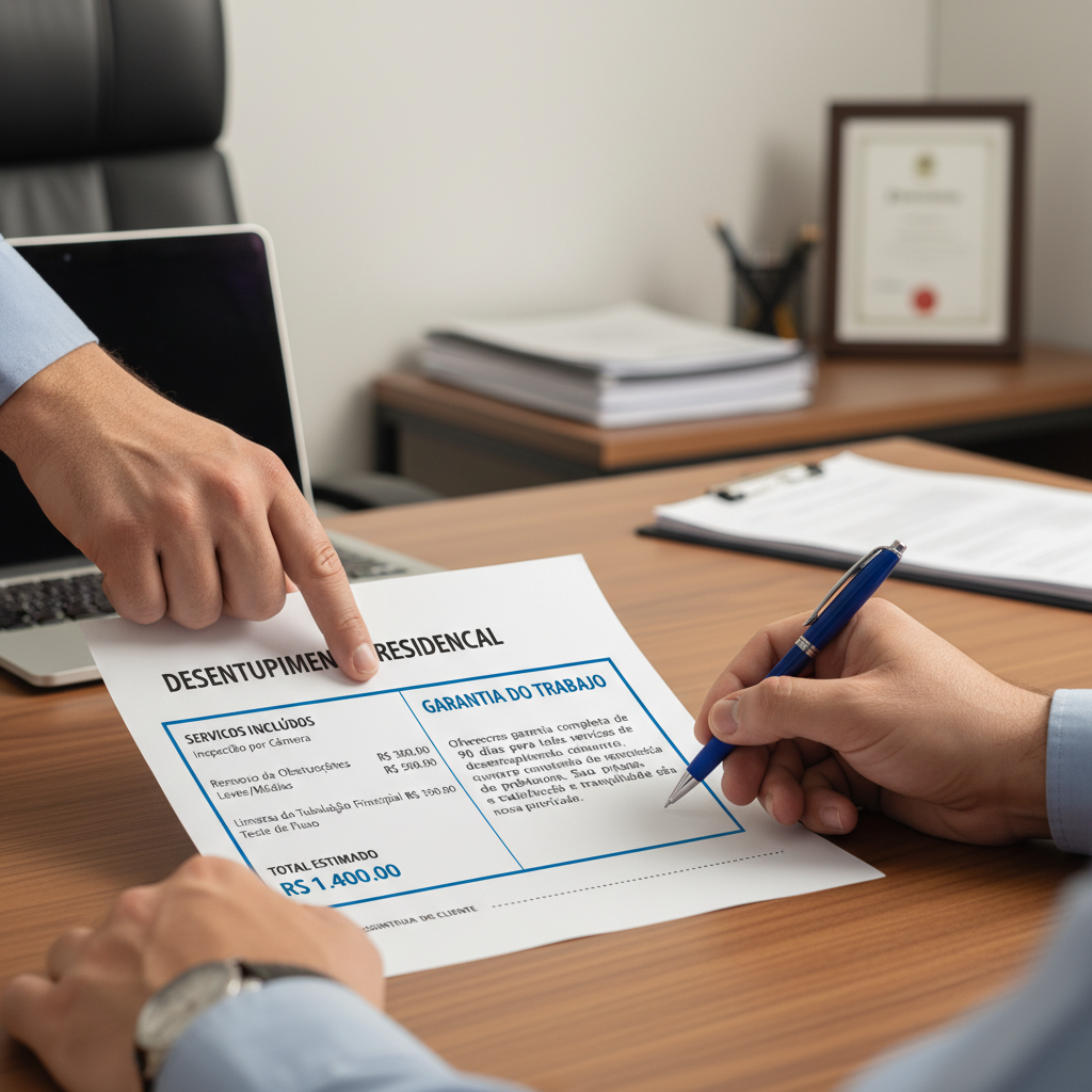 Uma mão apontando para um orçamento detalhado de desentupimento, mostrando claramente os custos dos serviços e uma seção destacando a garantia do trabalho. A outra mão está segurando uma caneta, pronta para assinar. A cena é de um escritório, transmitindo clareza financeira e confiança.