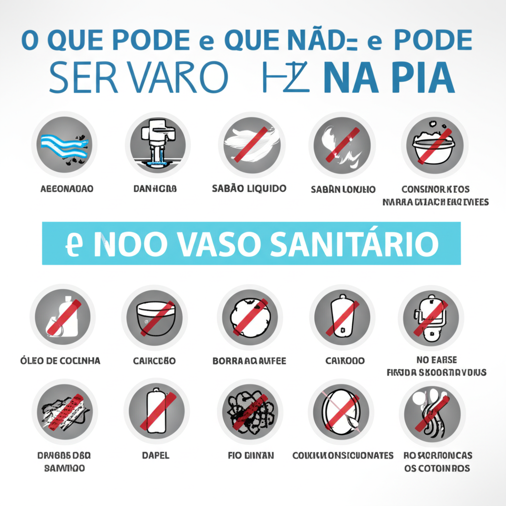 Infográfico mostrando o que pode e o que não pode ser descartado na pia e no vaso sanitário.