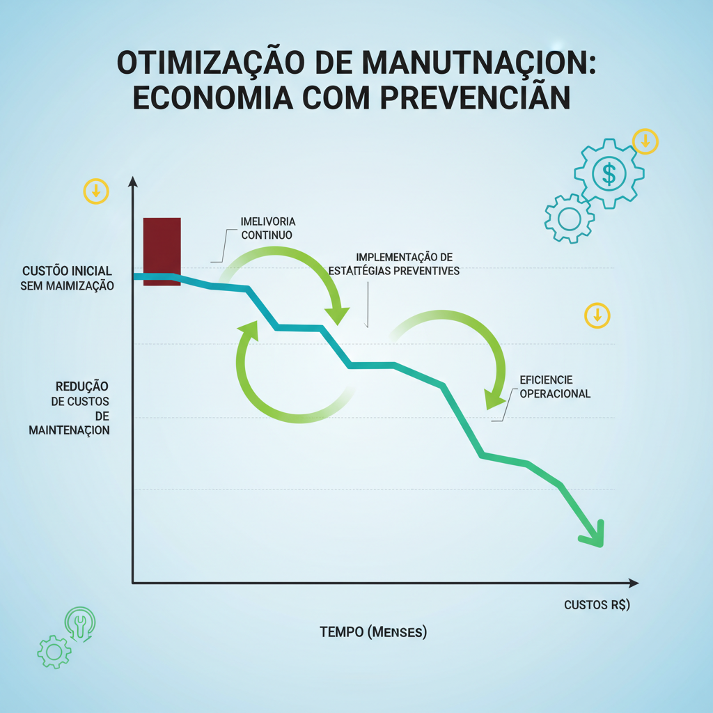Um gráfico de otimização mostrando a redução de custos de manutenção ao longo do tempo através da implementação de estratégias preventivas. Setas indicam melhoria contínua e eficiência operacional. Cores otimistas e design profissional.