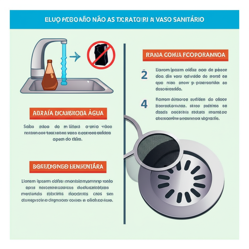 Um panfleto informativo com ilustrações claras sobre o que pode e o que não pode ser descartado na pia e no vaso sanitário, ao lado de um ralo com uma peneira.