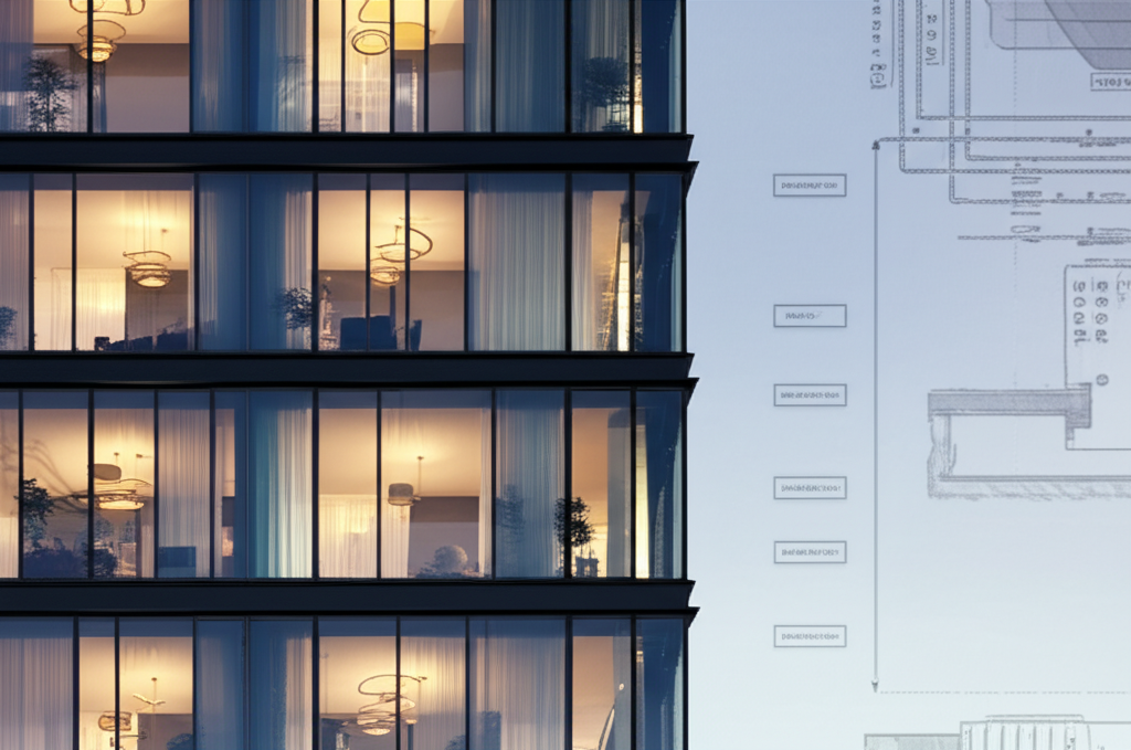 Fachada de um apartamento premium em São Paulo, com foco em design moderno e janelas amplas, enquanto sutilmente sugere a complexidade de sistemas internos através de linhas de tubulação esquemáticas em segundo plano, com iluminação sofisticada.