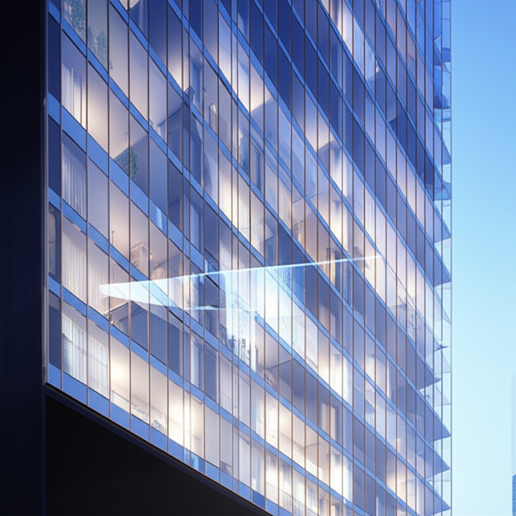 Representação arquitetônica de um edifício de apartamentos premium em São Paulo, com seções transparentes revelando um sistema de encanamento complexo, onde alguns pontos de uso (cozinha gourmet, banheiros luxuosos) mostram pequenas obstruções ou o início de acúmulo. A iluminação deve ser sofisticada, mas com um contraste para os problemas internos.