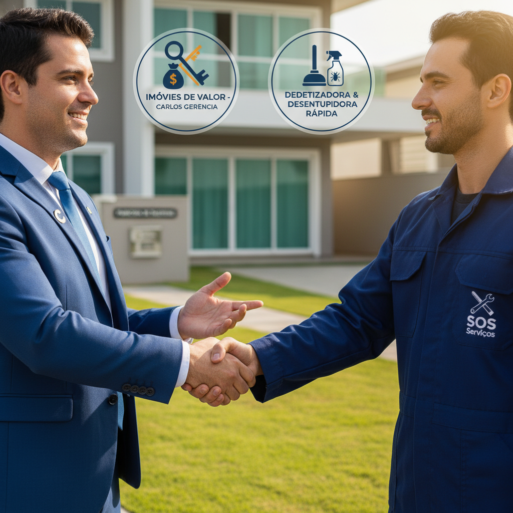 Um aperto de mãos entre um gerente de imóveis (representando Carlos) e um representante uniformizado de uma empresa que oferece serviços de desentupimento e dedetização, com logos de ambas as especialidades visíveis. O fundo mostra uma propriedade bem cuidada, simbolizando uma parceria eficiente. A cena deve transmitir confiança e profissionalismo.