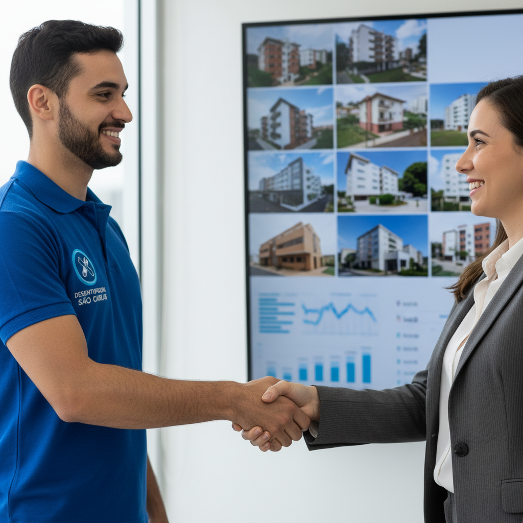 Um aperto de mãos entre um representante de uma `desentupidora sao carlos` (com logo da empresa) e uma gestora de imóveis, simbolizando uma parceria de longo prazo e confiança mútua para manutenção e prevenção. Fundo de um portfólio de imóveis. Luz natural e profissionalismo.