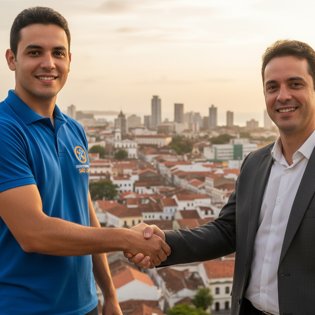 Aperto de mãos entre um representante de uma `desentupidora sao luis` (com logo da empresa) e um proprietário ou gestor de imóveis (representando Carlos), simbolizando uma parceria de longo prazo para serviços de manutenção e prevenção. Ao fundo, uma skyline de São Luís. Foco na confiança e profissionalismo.