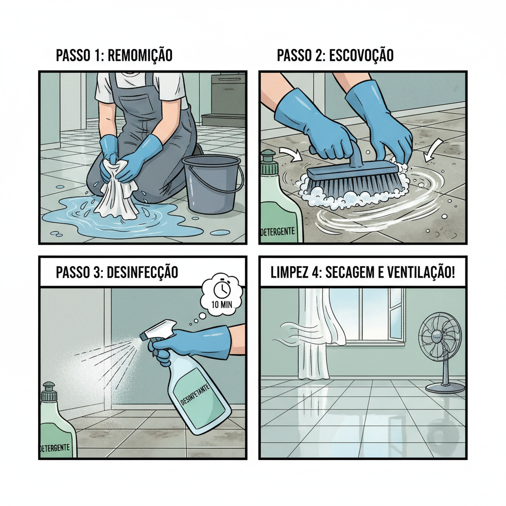 Sequência de imagens em formato de quadrinhos, mostrando os passos da limpeza: 1. Remoção de água com balde e panos, 2. Aplicação de detergente com escova, 3. Aplicação de desinfetante, 4. Secagem e ventilação. Foco na metodologia.