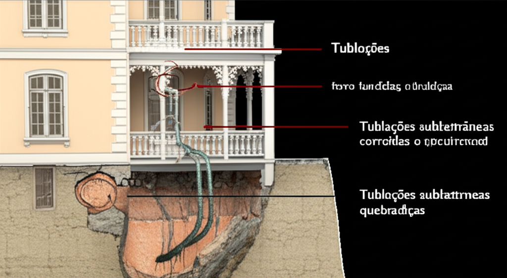Representação em corte de uma casa antiga, mostrando as fundações e, em destaque, tubulações subterrâneas de ferro fundido corroídas e quebradiças, com o solo ao redor apresentando sinais de assentamento. A arquitetura da casa é clássica e os materiais desgastados.
