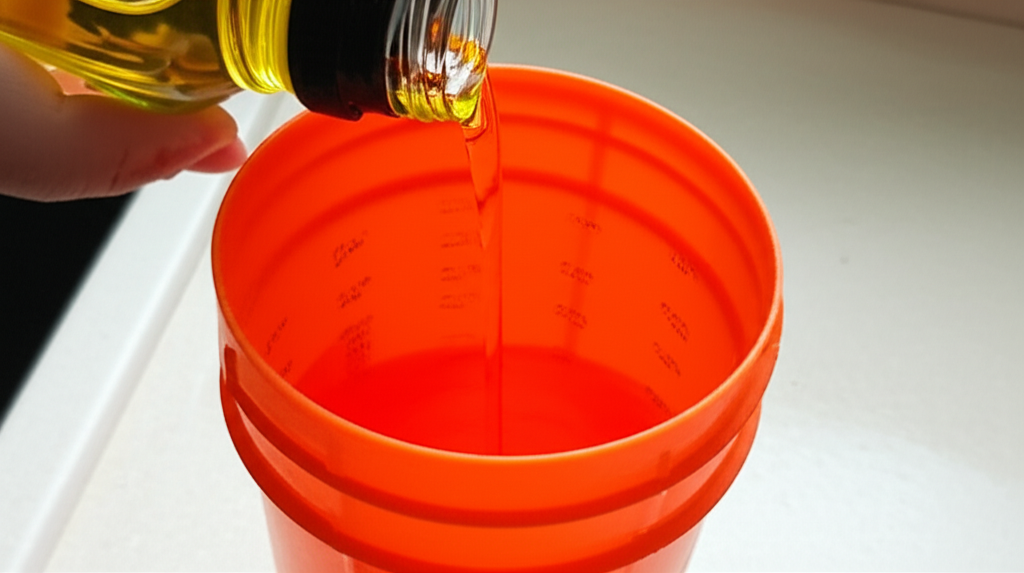 Pessoa descartando óleo de cozinha usado em recipiente adequado.