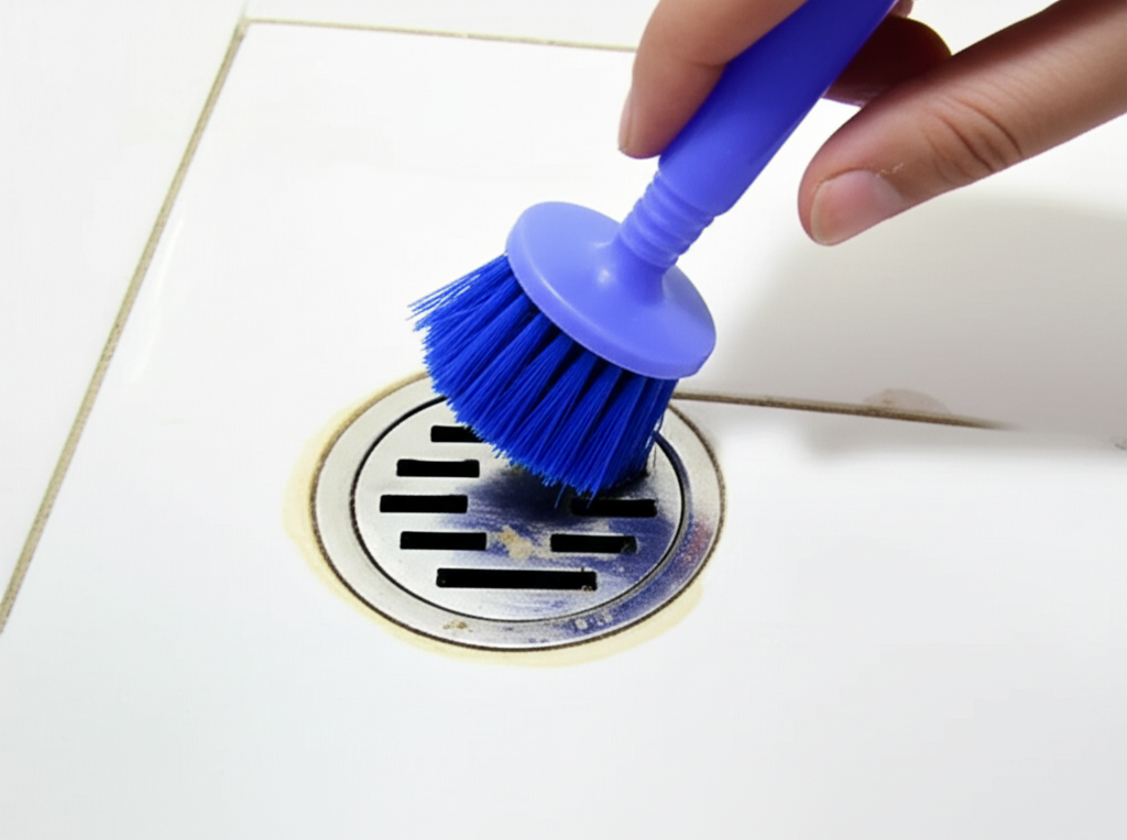 pessoa limpando ralo com escova