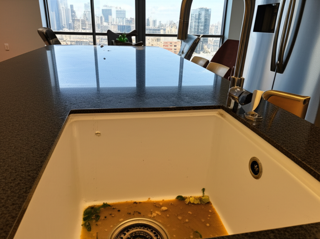 Pia entupida em um apartamento de luxo em São Paulo.