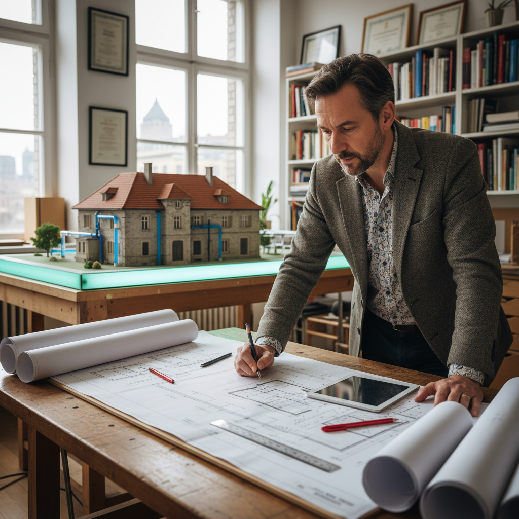 Um arquiteto ou engenheiro civil revisando plantas de hidráulica moderna em uma mesa de trabalho, com um modelo 3D de uma casa ao fundo, simbolizando o planejamento estratégico e a atualização de sistemas em imóveis antigos.