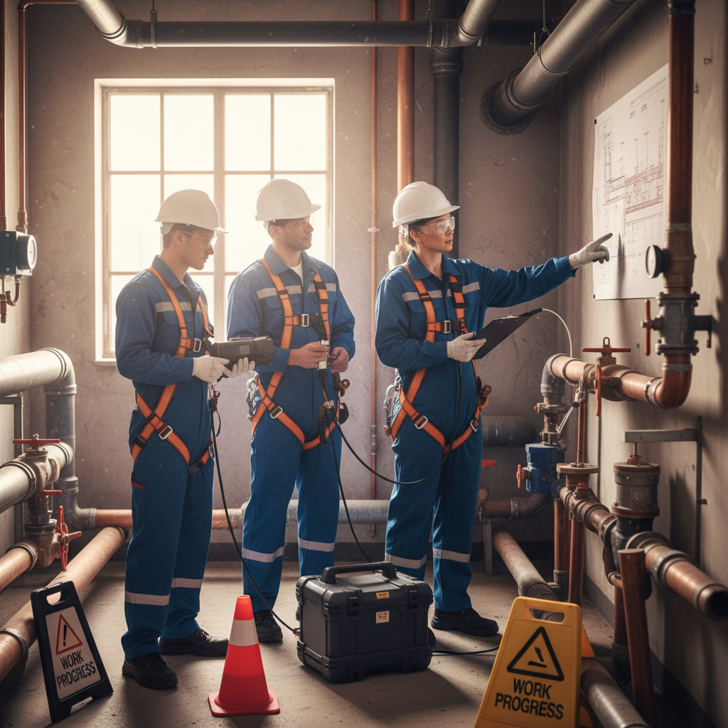 Uma equipe técnica realizando a inspeção de tubulações em um prédio residencial, utilizando equipamentos modernos e seguindo protocolos de segurança. A imagem deve focar na profissionalização e na proatividade da manutenção predial. Luz natural e ambiente de trabalho.