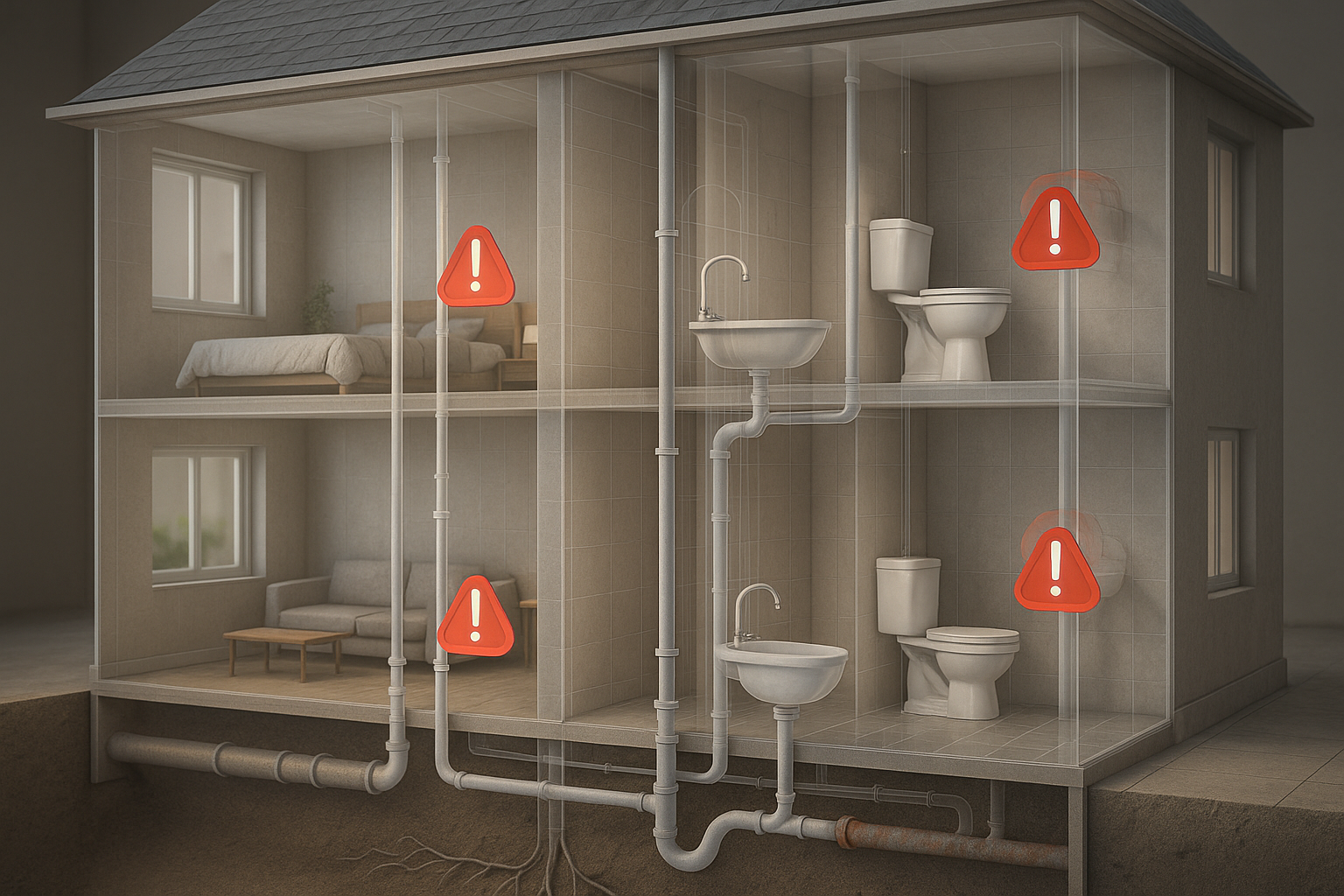Visualização técnica de um sistema de encanamento residencial onde pequenos drones ou robôs de inspeção com câmeras são mostrados navegando pelas tubulações, identificando e marcando áreas com acúmulo de resíduos ou desgastes. A iluminação deve ser artificial para simular o interior dos tubos.