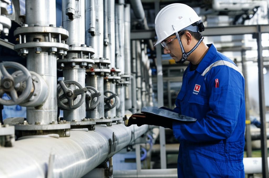 Técnico inspecionando tubulações com equipamentos modernos, representando a importância da manutenção preventiva.