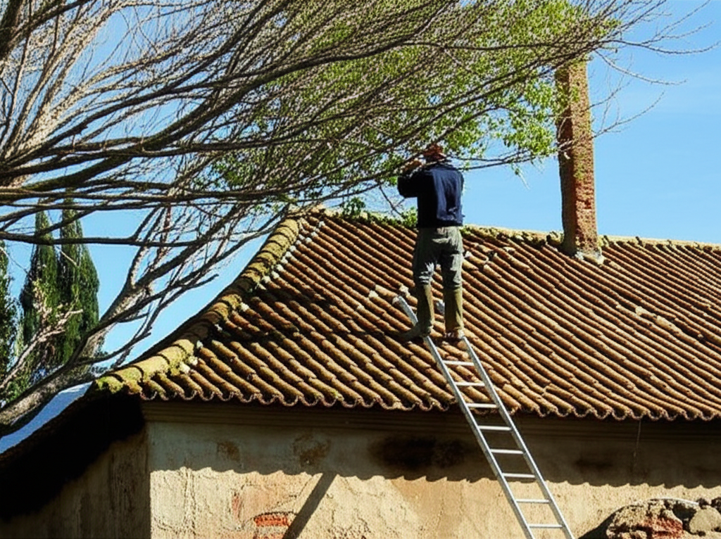 Poda de galhos de árvore próximos ao telhado de uma casa antiga.