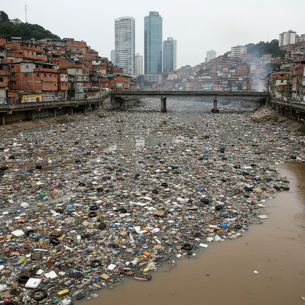 Rio urbano com grande quantidade de lixo flutuando e água turva.