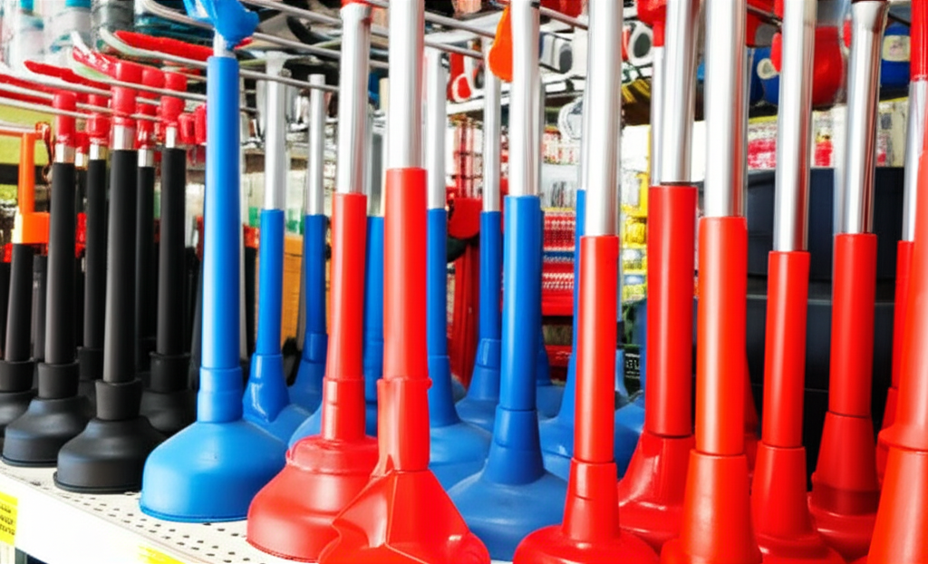 Prateleira de loja de materiais de construção com diversos modelos de desentupidores de vaso sanitário.