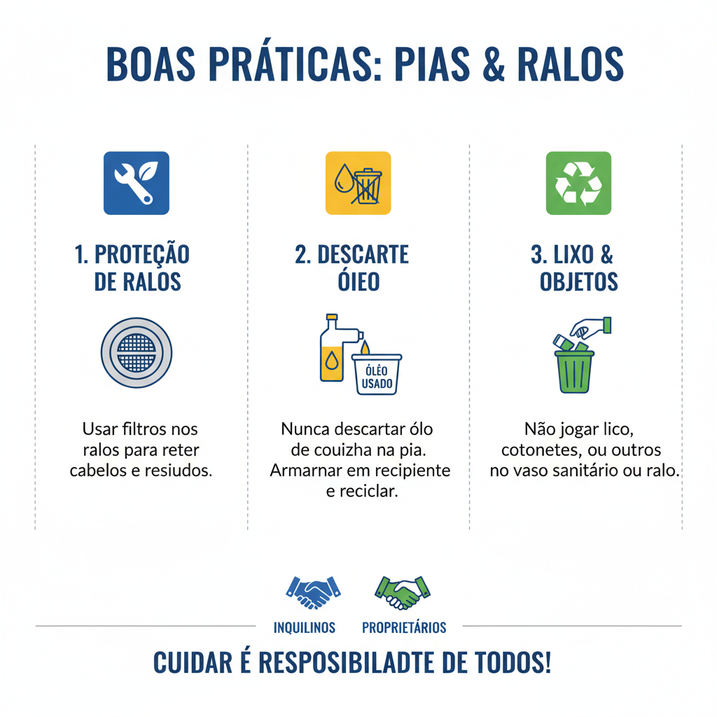 Diagrama simples de boas práticas de uso de pias e ralos: filtros em ralos, descarte correto de óleo de cozinha e lixo, com ícones de conscientização para inquilinos e proprietários.