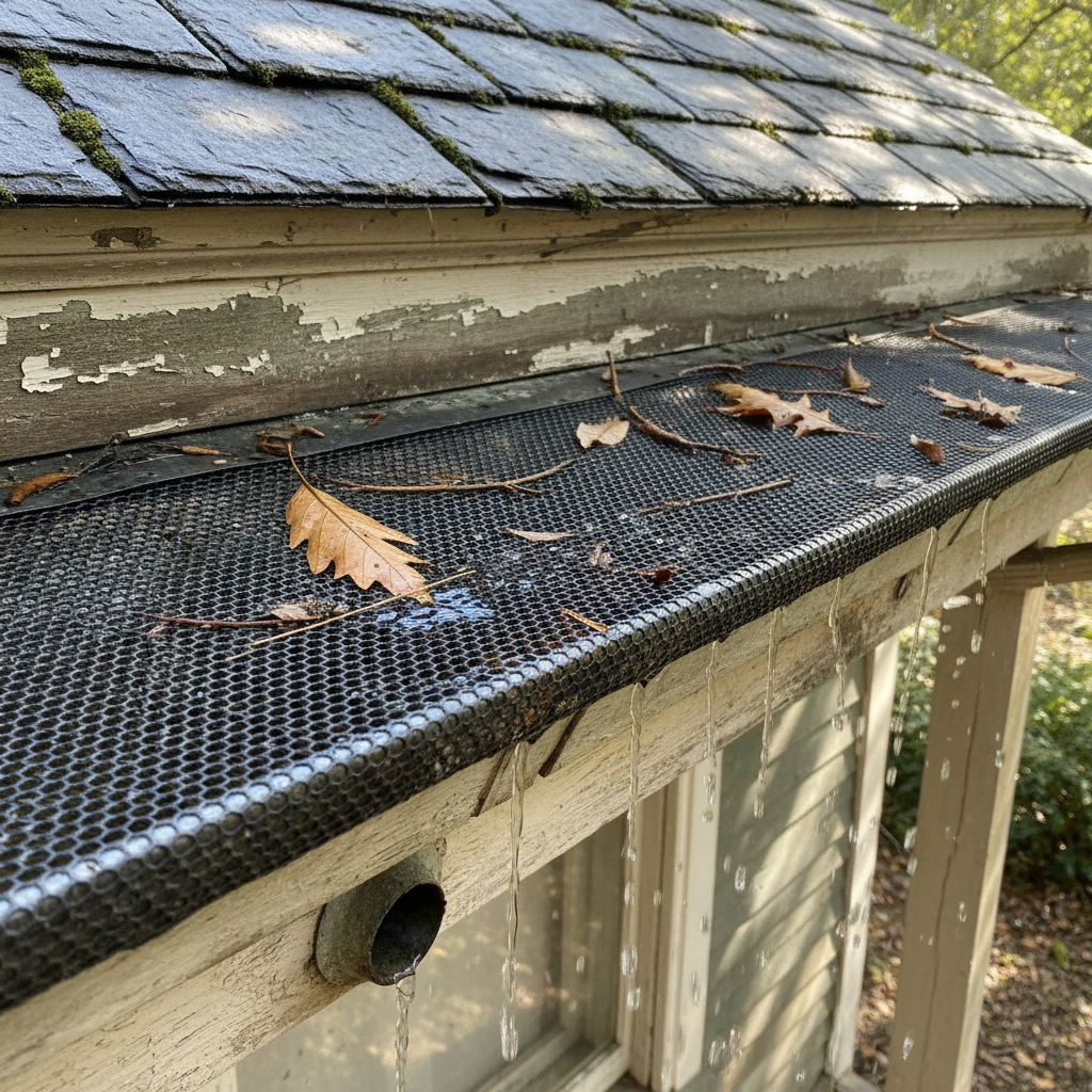 Imagem real de uma seção de calha em uma casa antiga equipada com uma grelha ou tela protetora. A imagem deve mostrar claramente a tela instalada sobre a calha, com algumas folhas sobre a tela, mas sem obstruir o fluxo principal. O objetivo é ilustrar a eficácia da prevenção.
