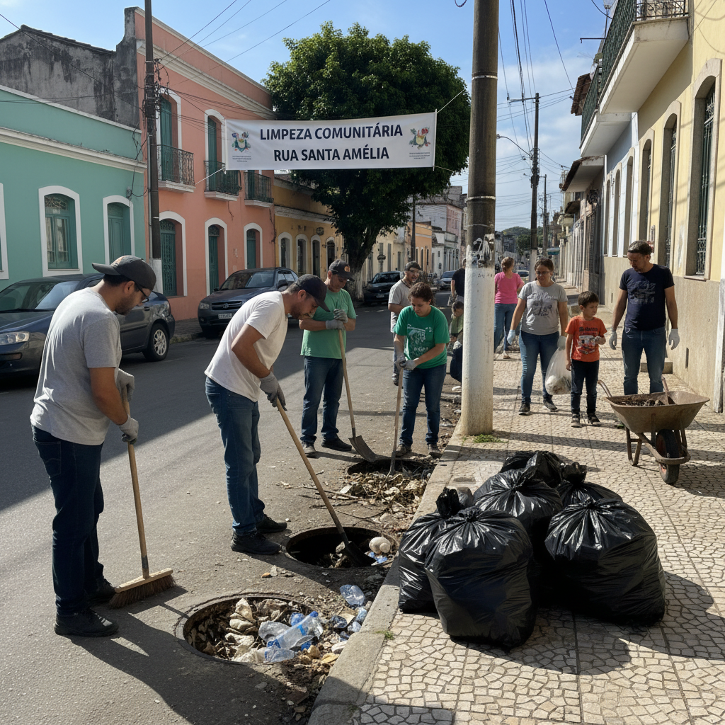 Comunidade realizando ação de limpeza de bueiros e ruas, com sacos de lixo e ferramentas.
