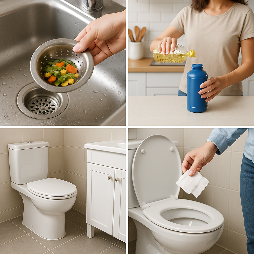 Ilustração didática de hábitos de descarte correto em uma cozinha e um banheiro, mostrando o uso de peneiras em ralos, descarte de óleo em recipientes próprios e a moderação no uso de papel higiênico, com um estilo visual amigável e informativo.
