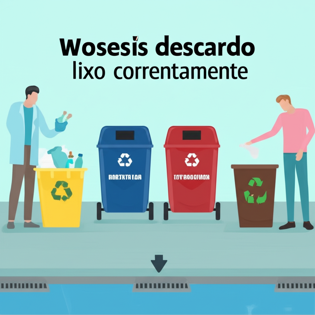 Pessoas descartando lixo corretamente em diferentes lixeiras, demonstrando a importância da prevenção de entupimentos.