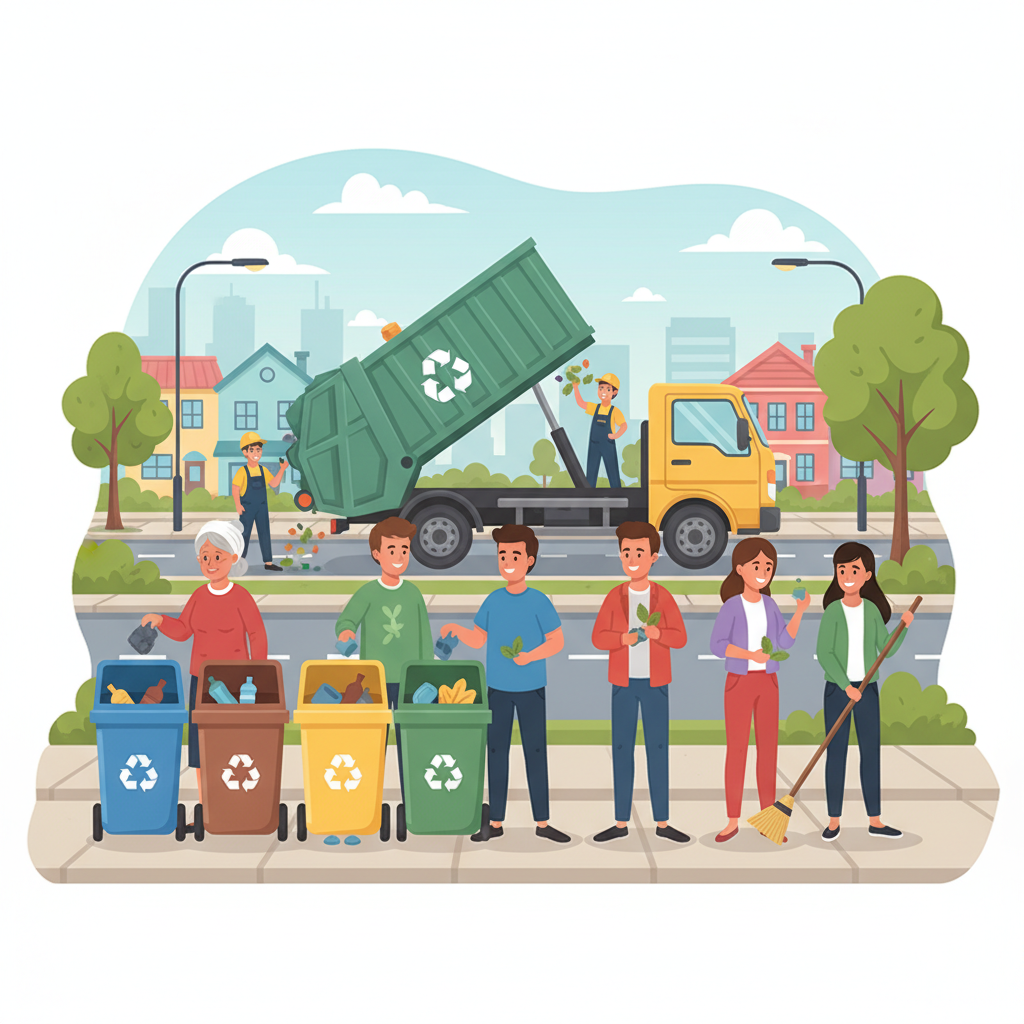 Ilustração de uma comunidade engajada: pessoas descartando lixo corretamente em lixeiras, varrendo calçadas e um caminhão de lixo realizando a coleta.