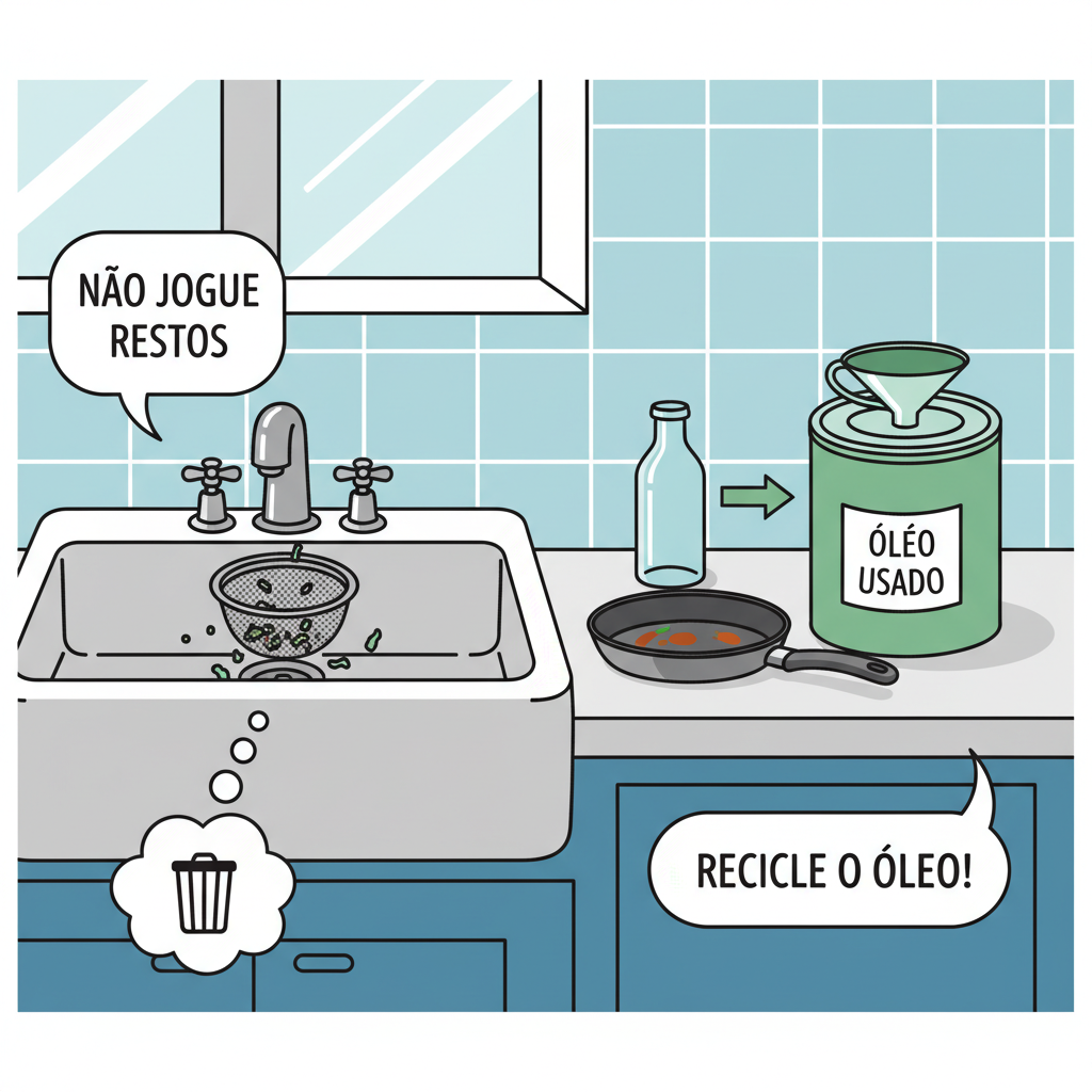 Uma ilustração clean e didática mostrando práticas corretas de descarte, como um ralo de pia com uma tela de proteção e uma lixeira para óleo de cozinha usado, em um ambiente doméstico.